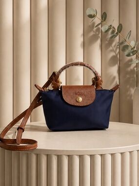 NWT Longchamp Le Pliage Navy Mini Top-Handle Crossbody with Brown Flap